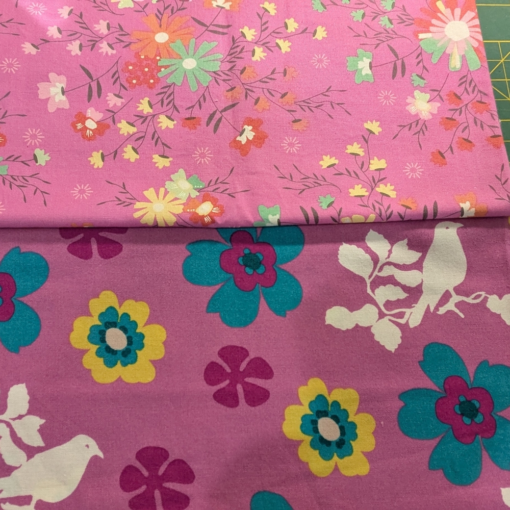 Pink Floral Cotton Fabric Remnants - Set of 2 Coordinated Prints